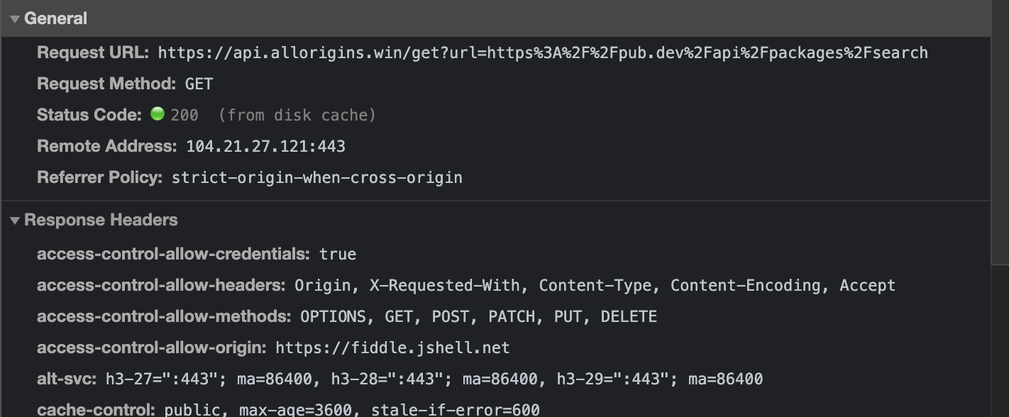 Showing a Chrome developer console error log for missing CORS headers